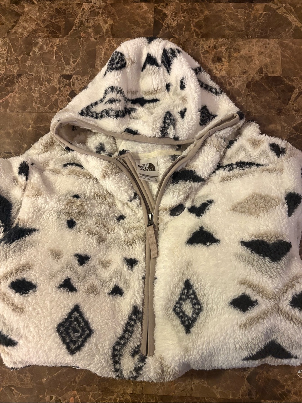 The North Face Ivory & Black Plush Hooded Zip-Up Jacket